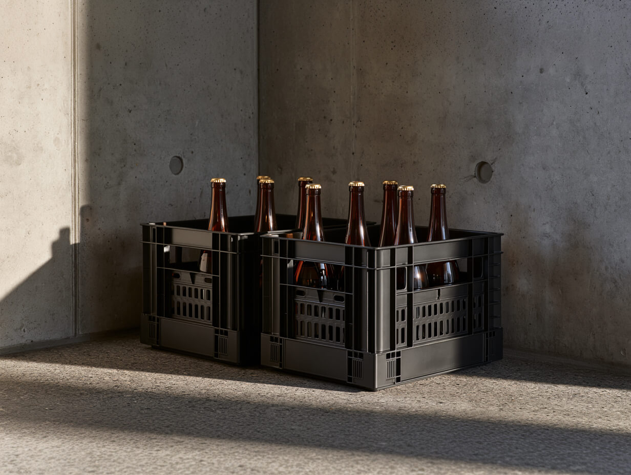 Two crates of crown-capped bottles resting against a concrete wall