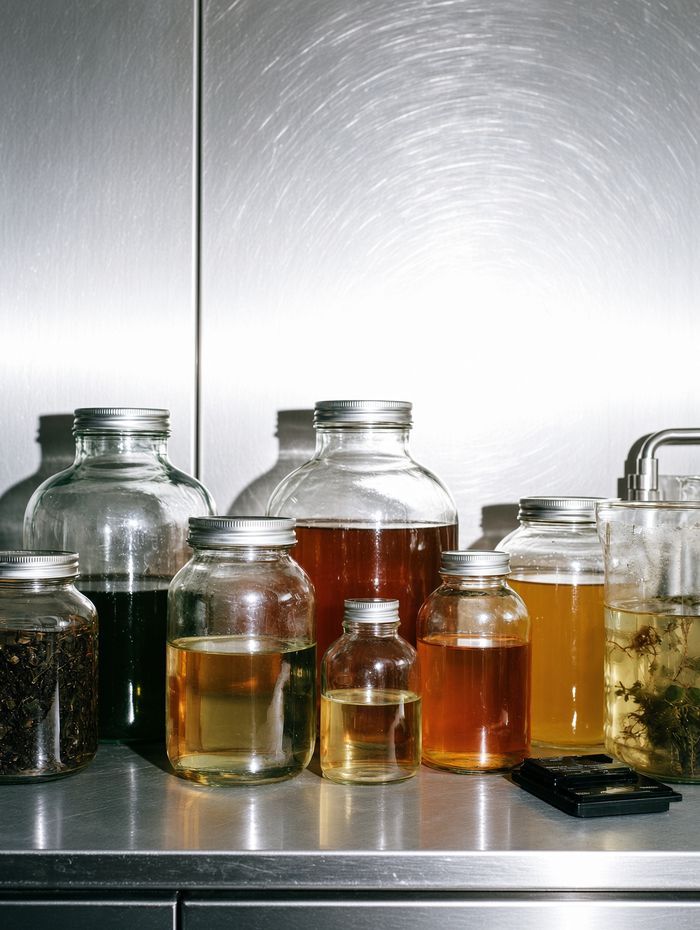Jars of tea, kombu and fruit infusions resting on the bench