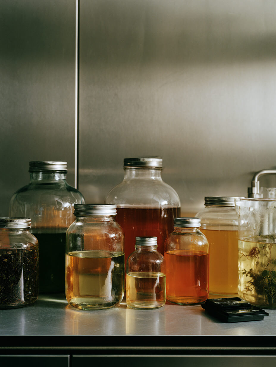 Jars of tea, kombu and fruit infusions resting on the bench