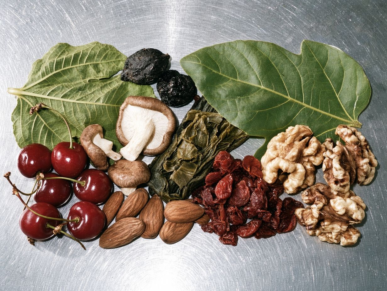 Fig leaves, shiitake, kombu, almonds, sour cherries and walnuts laid out on steel