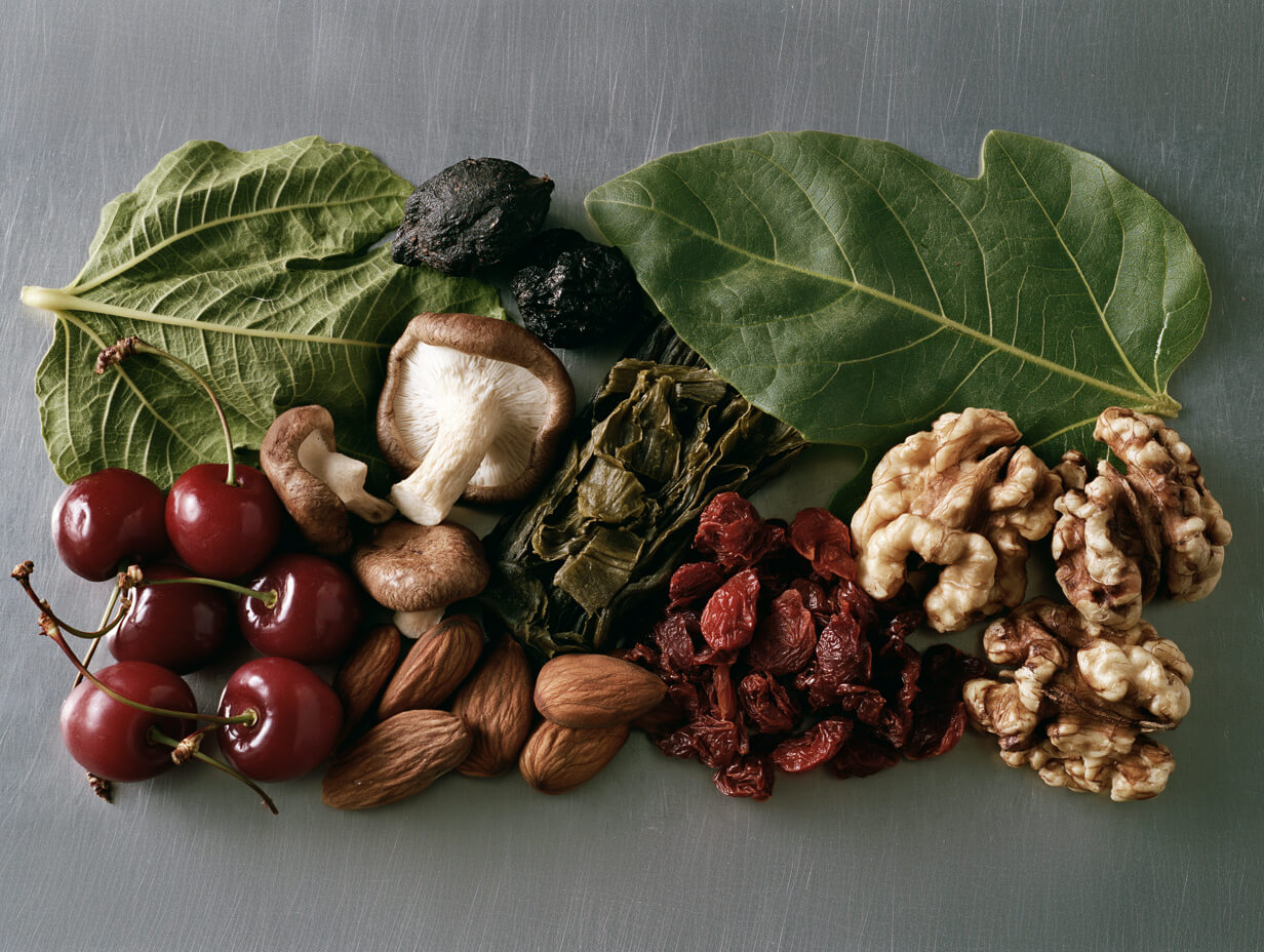 Fig leaves, shiitake, kombu, almonds, sour cherries and walnuts laid out on steel
